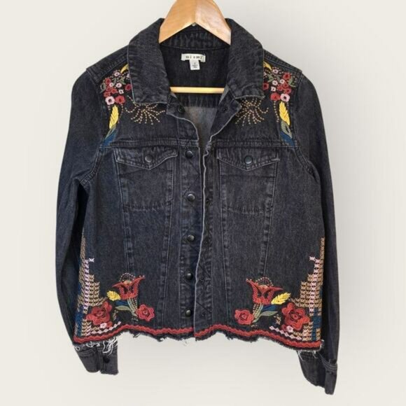 Francesca's Jean/Denim Jacket Sz S Mi ami Floral Embroidered Embellished Spring - Picture 6 of 12